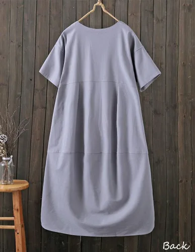 Miniatura 2 de Tebreux Vestido midi de lino para mujer, de gran tamaño, manga corta, holgado, con bolsillos