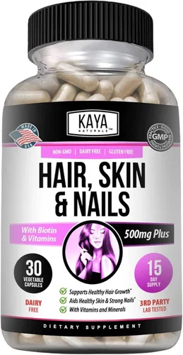 Miniatura 11 de Kaya Naturals Cápsulas de uñas para el cabello y la piel BIOTINA Vitamina D Vitamina B-12 A Soporte de ácido fólico, suplemento vitamínico de apoyo