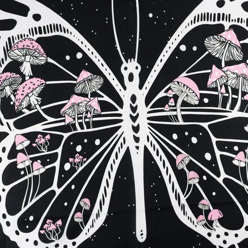 Miniatura 6 de LB Tapiz de mariposa blanco y negro, hongo rosa y hojas con fase lunar para dormitorio, tapiz colgante de pared de noche estrellada, arte de pared