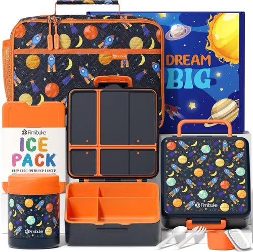 Miniatura 10 de Fimibuke Lonchera Bento para niños con 4 compartimentos, bolsa de almuerzo aislada, tarro térmico de acero inoxidable al vacío, paquete de hielo