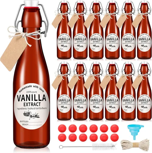 Miniatura 8 de Vesici Juego de 8 botellas de vidrio con tapa oscilante ámbar, botellas de extracto de vainilla casero, frascos de extracto de vainilla