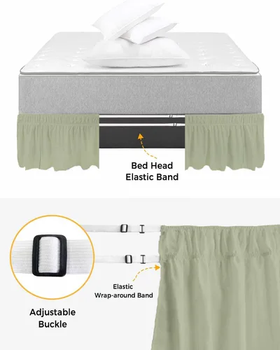 Miniatura 4 de Falda de cama verde salvia, tamaño Queen de 16 pulgadas de caída, ajustable y elástica envolvente, plisada, con volantes de polvo de lujo para cama