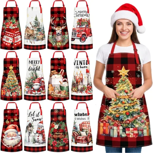 12 piezas de delantales de Navidad a granel, divertidos delantales ajustables con bolsillos, vintage, delantales de cocina de Navidad para hornear,