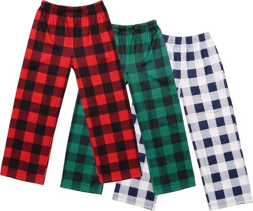 Ekouaer Pantalones de pijama para niños, paquete de 3 pantalones de dormir suaves con cintura elástica para niños, pantalones de pijama a cuadros