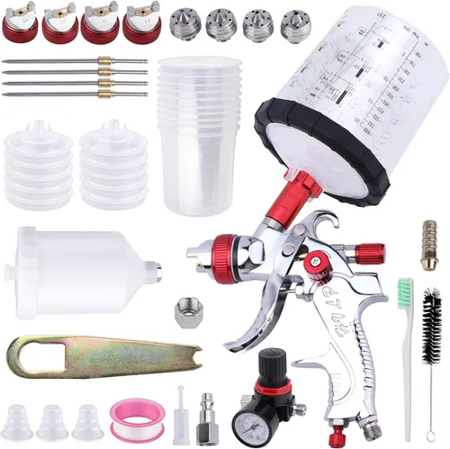 HVLP - Pistola pulverizadora con 10 vasos de pintura desechables de 20.3 fl oz, kit de pistola de pulverización de alimentación por gravedad Rojo
