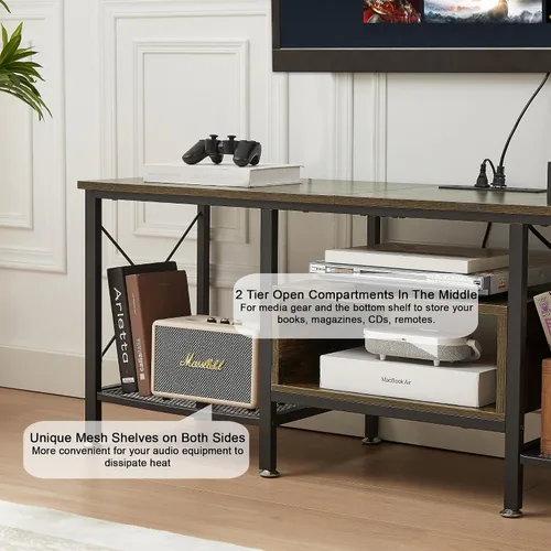 Miniatura 5 de VECELO Soporte de TV con tomas de corriente para centro de entretenimiento Industria Media de 65 pulgadas con estación de carga, estantes abiertos