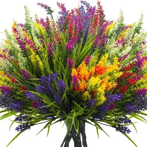 Grunyia Plantas artificiales de lavanda con flores de colores mixtos, 20 paquetes, césped decorativo para exteriores