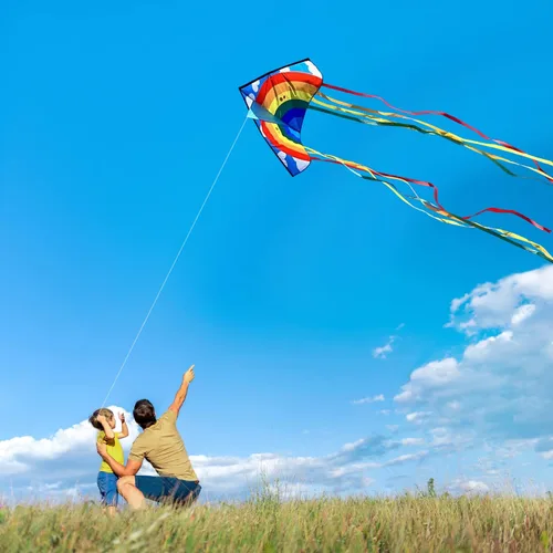 Miniatura 4 de HONBO Cometa Delta grande para niños y adultos, extremadamente fácil de volar para viajes a la playa, línea de cuerda incluida, con cola colorida