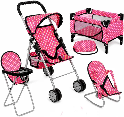Miniatura 12 de fash n kolor El juego de 4 piezas para muñeca de bebé, diseño de flores, incluye paquete plegable y juego, cochecito de muñeca de bebé, silla alta 4