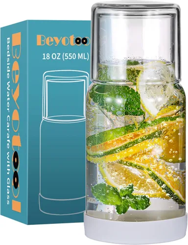 Juego de jarra de agua y vaso para mesita de noche, jarra de agua nocturna con vaso, dispensador de enjuague bucal de vidrio transparente para baño,