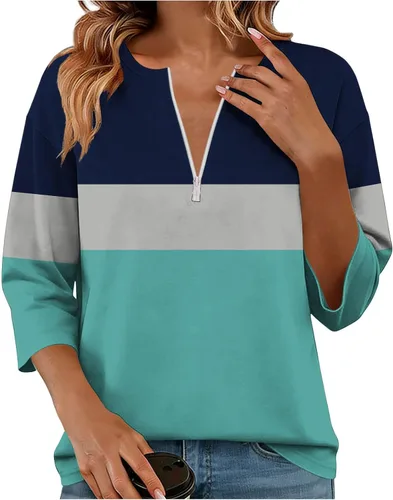 Miniatura 22 de Sudadera de manga larga con media cremallera para mujer, de gran tamaño, bloque de color, con cremallera de un cuarto, camisas de moda de primavera