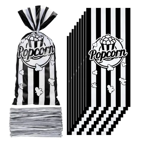 Teling 100 bolsas de palomitas de maíz para fiestas, bolsas de dulces de galletas a rayas blancas y negras con 150 lazos plateados para regalos de