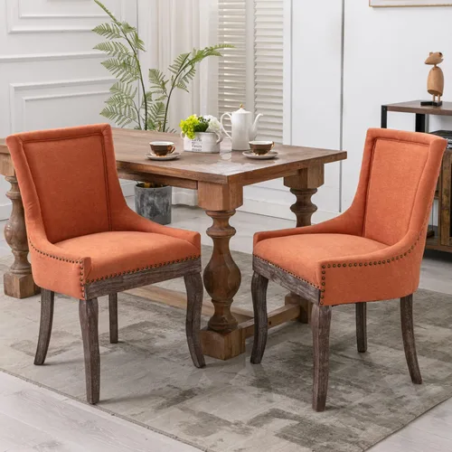 Juego de 2 sillas de comedor tapizadas, sillas de comedor de granja con patas de madera maciza, ribete de cabeza de clavo, silla de comedor copetuda