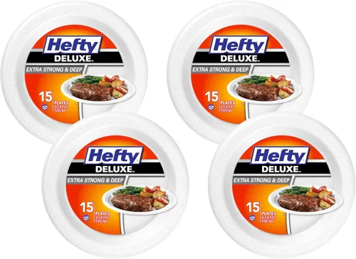 Hefty Platos de espuma extra fuertes y profundos, redondos, blancos, 10.25 pulgadas, 15 unidades (paquete de 4)