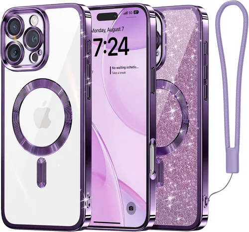 Miniatura 40 de Meifigno Candy Mag Series - Funda diseñada para iPhone 15 Pro, compatible con MagSafe, tarjeta con purpurina y correa de muñeca, protección completa