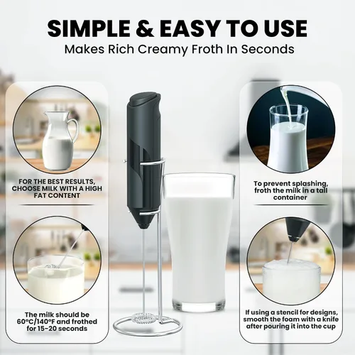 Miniatura 4 de Varita espumadora de leche con soporte, espumador de leche de mano, funciona con pilas, espumador eléctrico de café, mezclador de bebidas, espumador