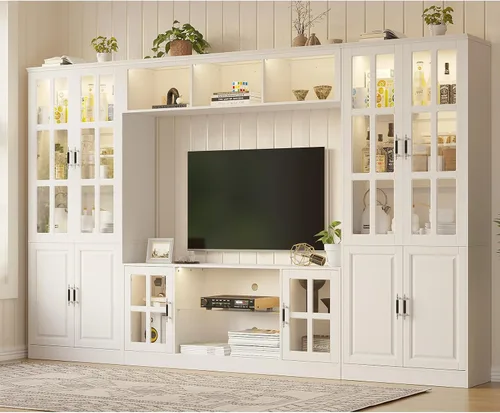 Miniatura 12 de MEISSALIVVE Mueble de pared con almacenamiento y luces LED, gran centro de entretenimiento con estanterías para televisores de hasta 70 pulgadas