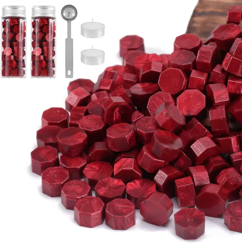 Yoption Cuentas de cera de sellado rojo metálico, kit de 150 cuentas de sello de cera para sello de cera, cuentas de sello de cera octágono con una