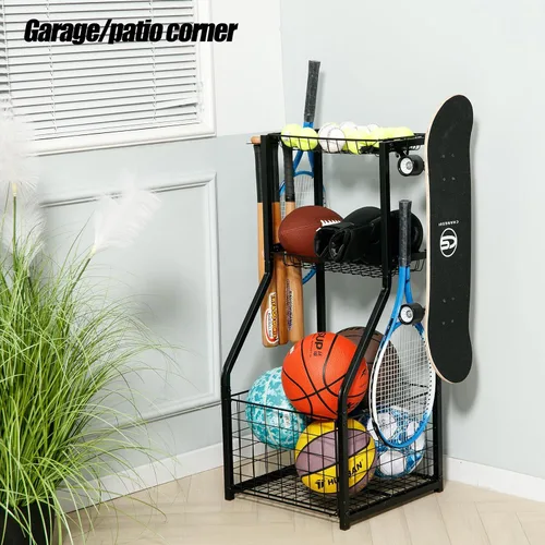 Miniatura 2 de YueTong Organizador de equipo deportivo para organización de garaje, almacenamiento de pelotas con soporte de baloncesto y estante para carrito