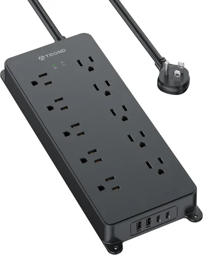 TROND - Alargador de corriente con protector contra sobretensiones, 4000 J, certificado ETL, 10 salidas ampliamente espaciadas con 2 USB A y 2 USB