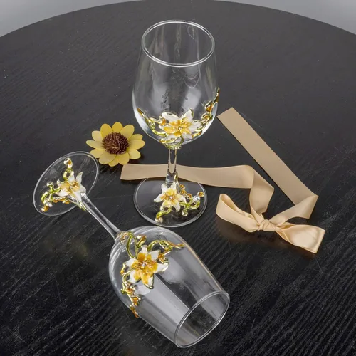 Miniatura 2 de Simcat Copa de Vino de Esmalte Pintada a Mano Transparente con Flores, Pie para Cabernet, Regalos (Doble caja de regalo amarilla, 2 Cajas de Regalo)