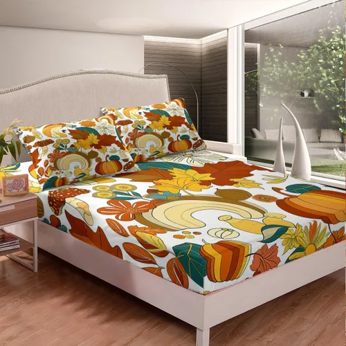 Miniatura 2 de Juego de sábanas ajustadas estilo 70s hippie retro para cama individual, juego vintage de otoño con hojas florales para niños y niños, juego de ropa