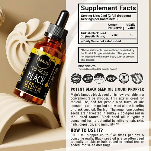 Miniatura 6 de Maju Superfoods Aceite de semilla negra, 3 veces TQ, prensado en frío, tamaño de viaje, 100% aceite de semilla de comino negro turco, semilla negra