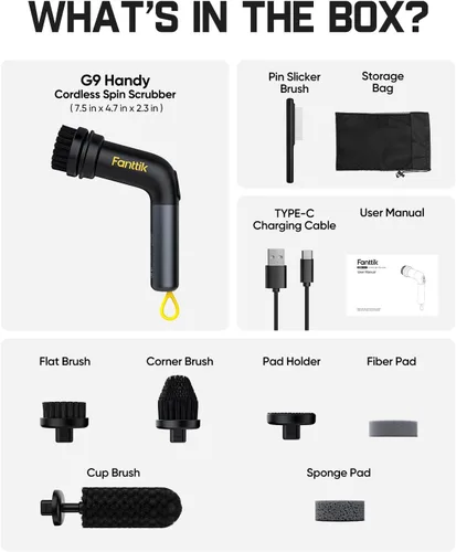 Miniatura 9 de Fanttik G9 Práctico limpiador eléctrico inalámbrico giratorio, motor MagnaStorm, doble velocidad, 5 cabezales de cepillo, pantalla LED, IPX7 Negro