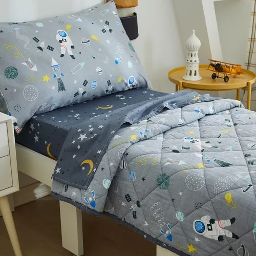 Brandream Juego de ropa de cama de 4 piezas para niños y niñas con cohete espacial y galaxia, incluye edredón, sábana encimera, sábanas bajeras y