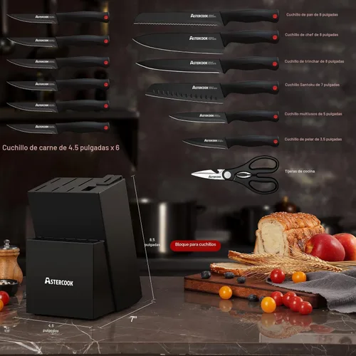 Miniatura 2 de Astercook - Juego de cuchillos de 15 piezas para cocina con bloque, juego de cuchillos de cocina aptos para lavavajillas con bloque afilador