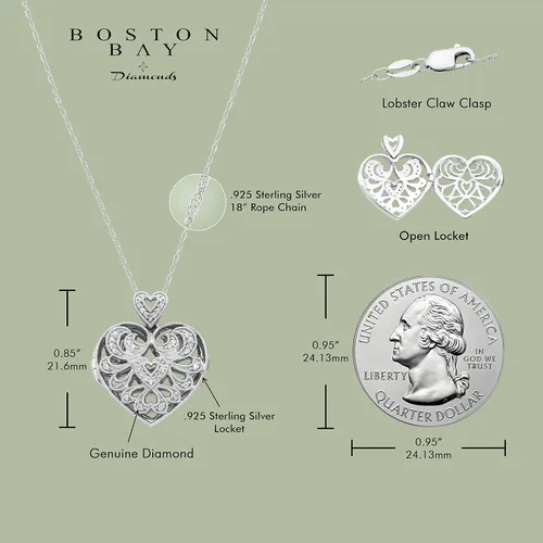 Miniatura 3 de Boston Bay Diamonds .925 Sterling Silver 110 Cttw Diamond Studded Filigree Heart Locket and Oval Shaped Flower Locket Fashion Pendant on 18 Rope