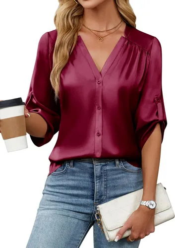 Miniatura 18 de Blooming Jelly Camisas con botones para mujer de manga 3/4, tops casuales elegantes, blusas de negocios de satén de seda plisado 2025