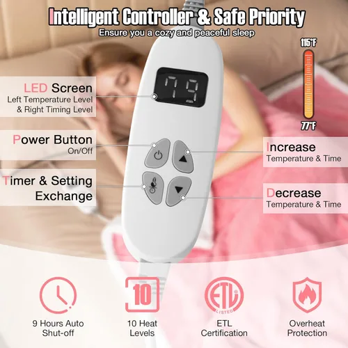 Miniatura 4 de PETSITE Manta térmica eléctrica, manta reversible de forro polar Sherpa de 60 x 50 pulgadas con 10 ajustes de calor, apagado automático de 9 horas