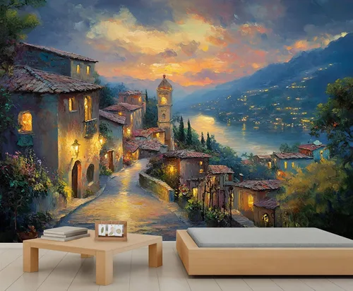 Miniatura 21 de Papel tapiz 3D de bicicleta rosa vintage, murales de flores de paisaje de primavera para sala de estar, pintura al óleo, papel tapiz rústico