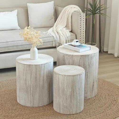 Miniatura 22 de Juego de 2 mesas auxiliares anidables para sala de estar, juego de mesa auxiliar redonda moderno, mesa auxiliar circular de madera y muebles Negro