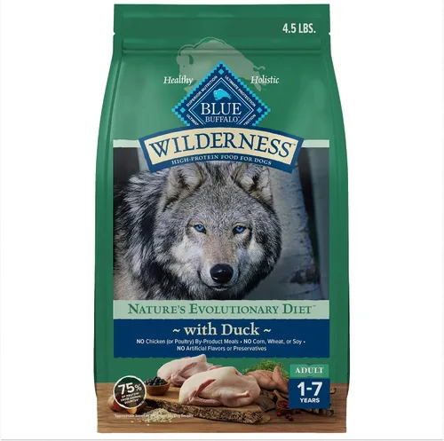 Blue Buffalo Wilderness - Alimento seco natural con alto contenido proteínico y cereales saludables para perros adultos, pato, bolsa de 4.5 libras