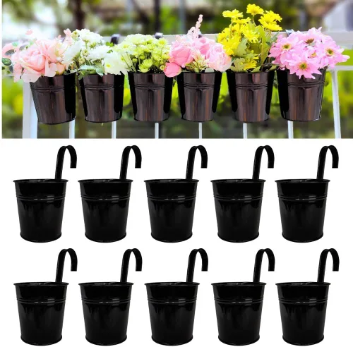 LaLaGreen - Macetas colgantes pequeñas, paquete de 10 macetas pequeñas de metal negro de 4 pulgadas para exteriores y exteriores, barandilla de