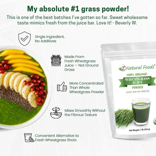 Miniatura 4 de Z Natural Foods Polvo de jugo de pasto de trigo orgánico, polvo superalimento para un envejecimiento saludable y digestión, ideal para jugos, yogur