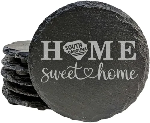 Miniatura 32 de Rustic Slate Coasters Set of 6, Round 4" with South Carolina 'Home Sweet Home' Design, for Holidays, Birthdays, Housewarming, She-Shed, Man Cave