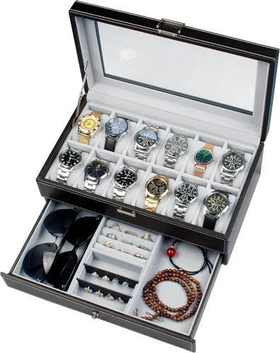GUKA Caja de reloj con 12 ranuras, organizador de exhibición de reloj, caja de joyería de cuero, cajón de cristal, cumpleaños para hombres y