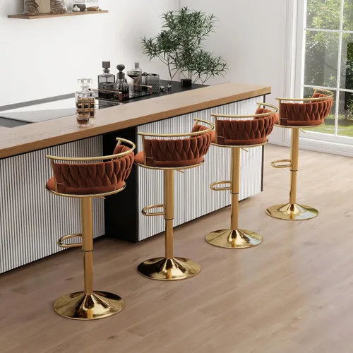 Miniatura 48 de Juego de 2 taburetes de bar giratorios de 360°, silla de bar de terciopelo ajustable a altura de mostrador moderna, taburete de metal plateado