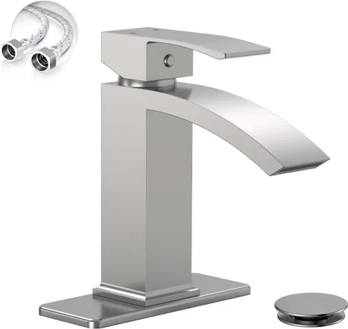 Miniatura 10 de Grifo de lavabo de vaso en oro cepillado, grifos de baño estilo cascada, grifos de baño de una sola manija y un solo agujero de boquilla alta