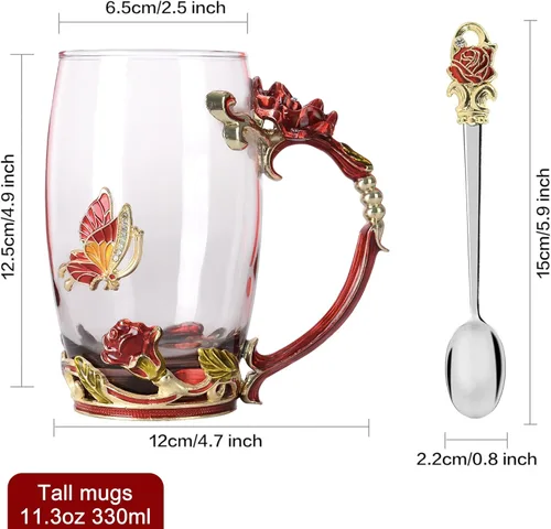Miniatura 2 de Tazas de café de cristal - Taza de té de mariposa y flor con cuchara y caja, regalos personalizados para mamá, mujeres, esposa y novias (11 onzas)