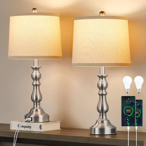Miniatura 13 de Juego de 2 lámparas de mesa de granja de 23 pulgadas para sala de estar, con puertos USB C+A, lámpara de noche retro para dormitorio, oficina, negro
