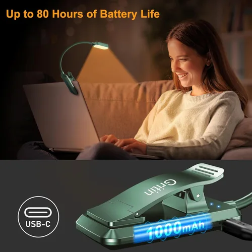 Miniatura 6 de Gritin Luz de libro recargable de 16 LED para leer en la cama, cuidado de los ojos, 3 temperaturas de color, brillo de atenuación continua, 80 horas