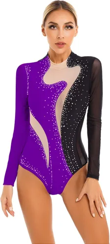 Miniatura 31 de iiniim Leotardo de malla para mujer, con diamantes de imitación, de malla, de manga larga, leotardos de gimnasia
