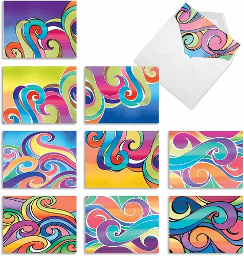 The Best Card Company - 10 coloridas tarjetas en blanco con sobres (4 x 5.12 pulgadas) - Papelería en caja para todas las ocasiones - Ondas