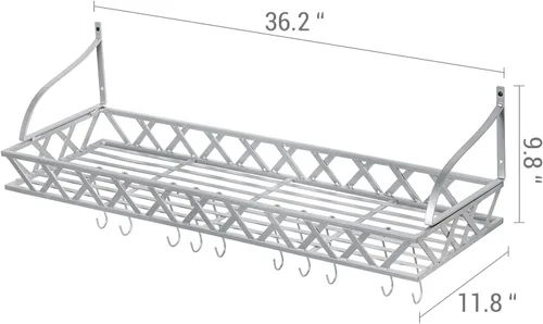 Miniatura 5 de MyGift Estante para ollas y sartenes de cocina de metal plateado montado en la pared con 12 ganchos en S extraíbles, almacenamiento de utensilios