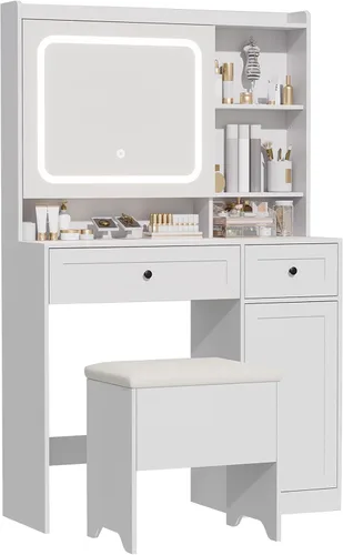 Miniatura 7 de Mesa de tocador con almacenamiento oculto y espejo LED, incluye taburete acolchado, 5 compartimentos, 2 cajones y 1 armario de almacenamiento, ideal