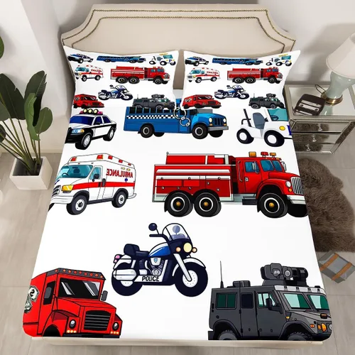 Juego de ropa de cama para niños de policía para niños, tamaño individual, camión de bomberos, ambulancia, sábana bajera ajustable de dibujos